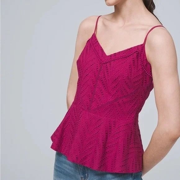 White House Black Market Peplum Top- Burgundy Eyelet Lace Spaghetti Straps SZ 14 - Picture 1 of 5